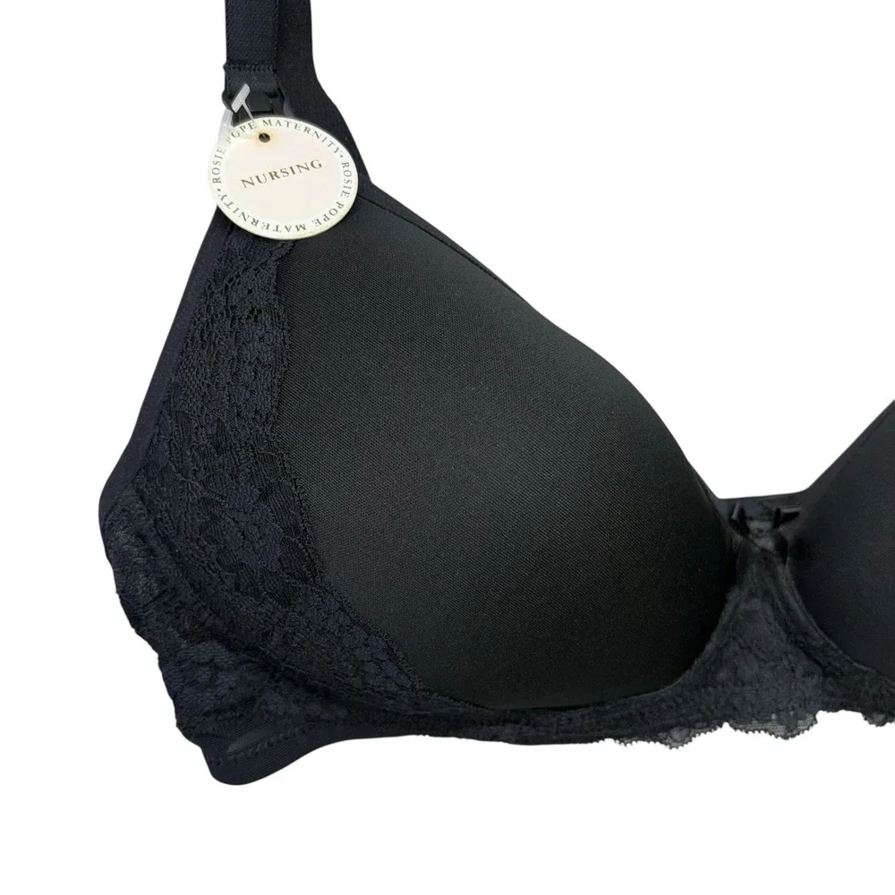 Rosie Pope Bra 36D Black Nursing Bra Lace Maternity Wireless Lightly Lined NWT